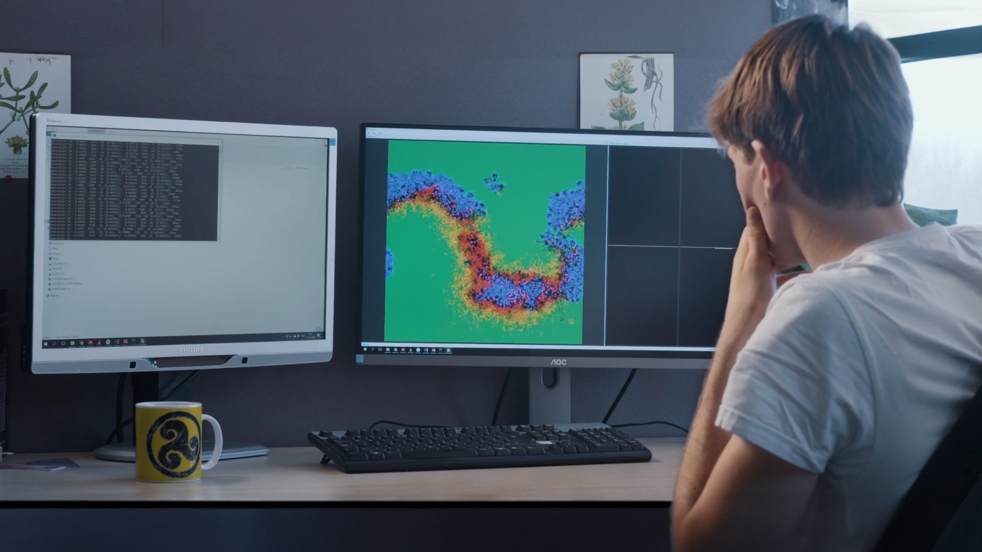 Male researcher looking at two computers showing a data analysis.jpg